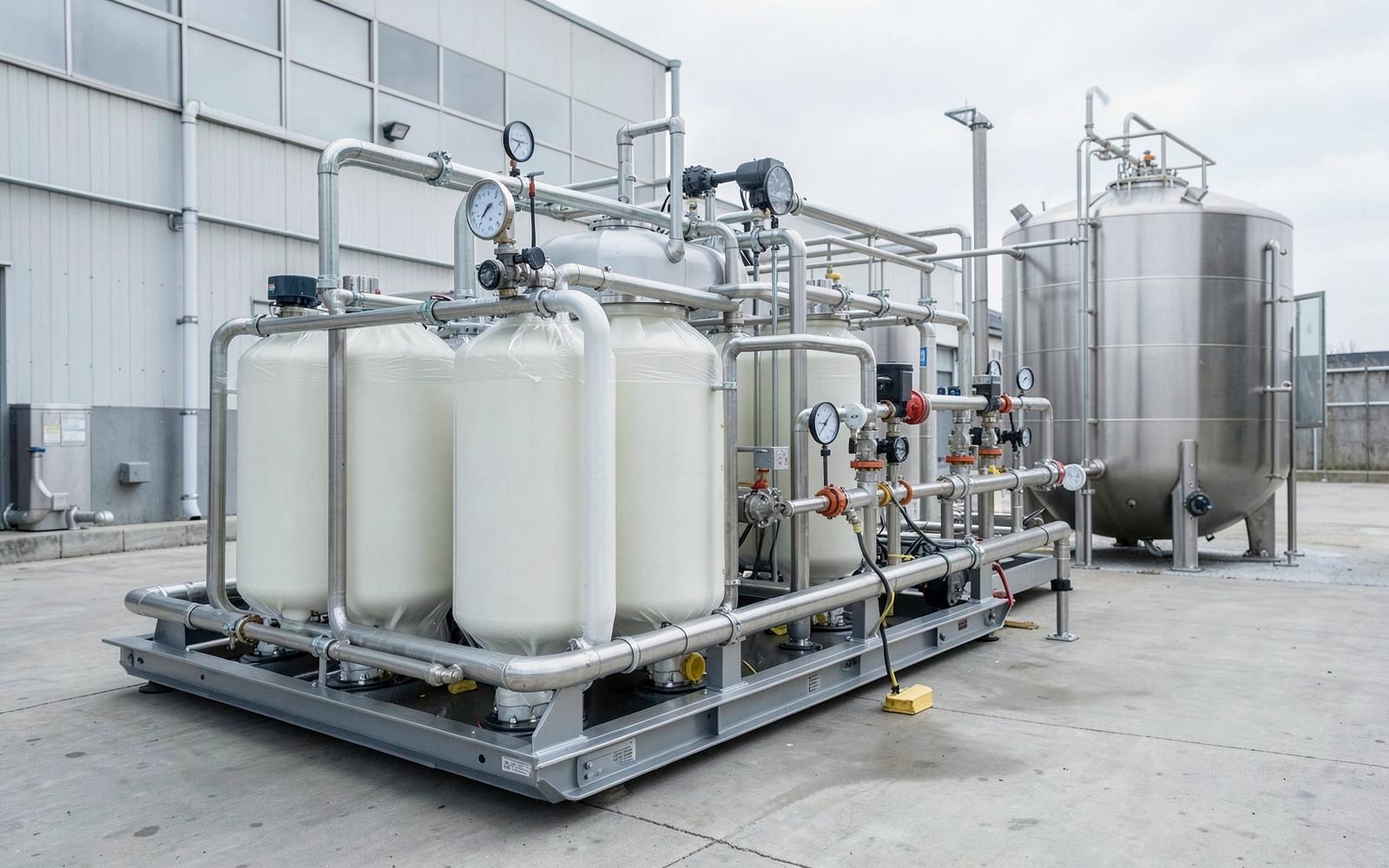 Skid-mounted packaged water treatment plant with filtration vessels, dosing pumps and stainless manifolds. Illustrative industrial photograph.