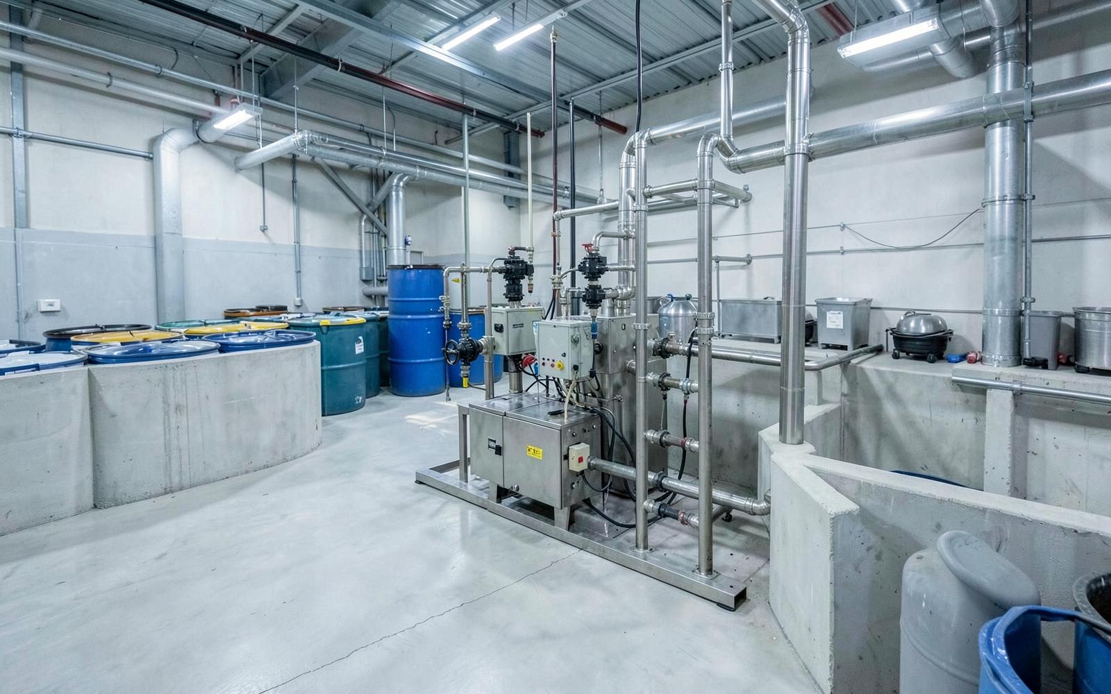 Industrial chemical dosing and storage equipment. Illustrative photograph.
