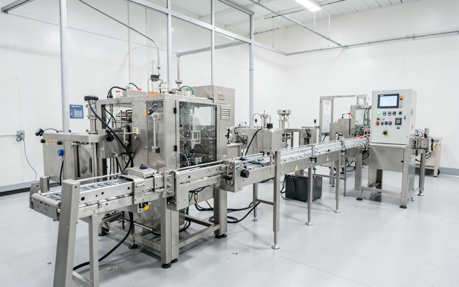Stainless steel filling and sealing line with conveyor and control panel in a clean manufacturing hall. Illustrative industrial photograph.