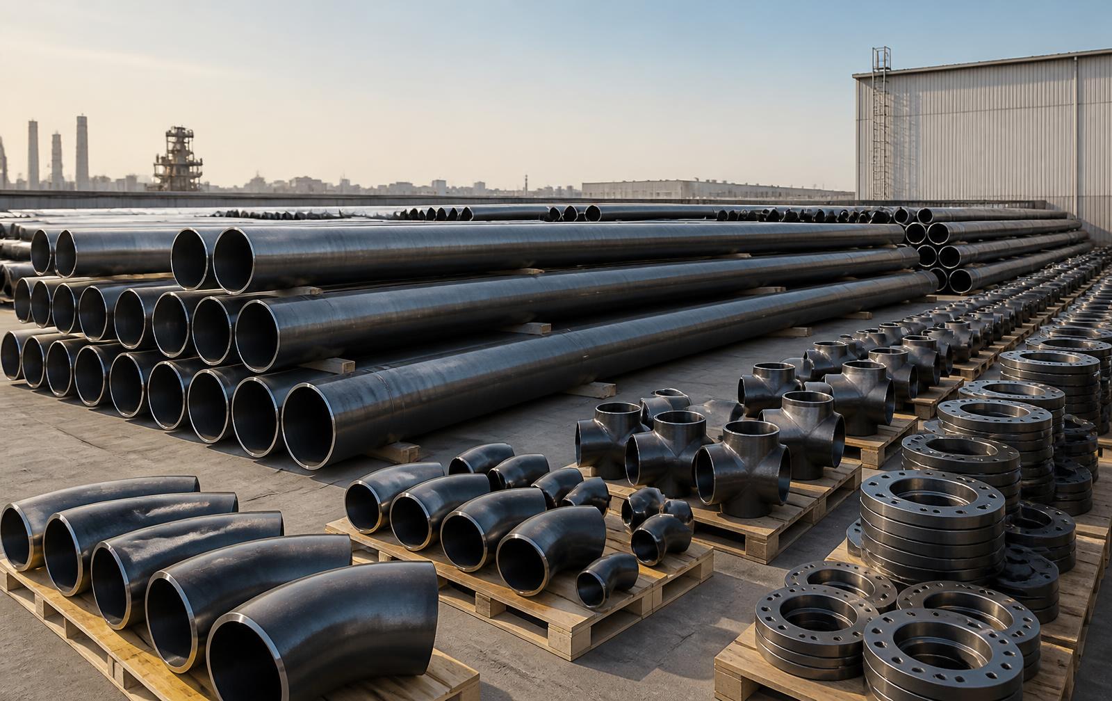 Stacked large-diameter steel line pipe and flanged spools in an industrial storage yard. Illustrative industrial photograph.